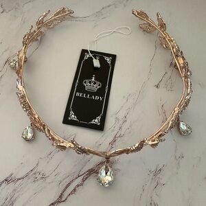 Bellady Gold Leaf Tiara Headband with Dangling Crystals